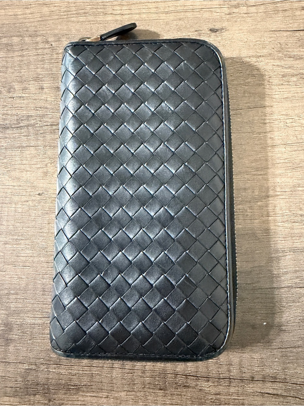 Bottega Veneta Woven Leather Zip-Around Wallet in Black
